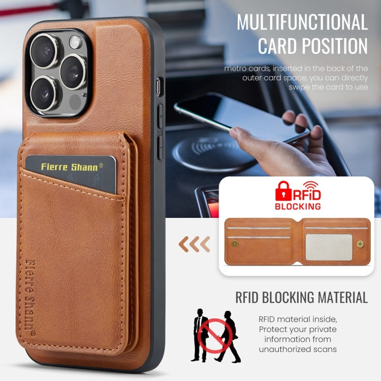 For iPhone 16 Pro Fierre Shann Cowhide Vertical Flip Magnetic Card Holder Phone Case(Brown) by FIERRE SHANN
