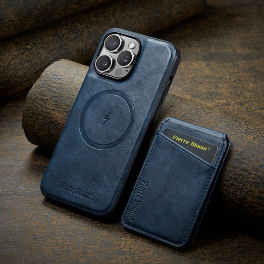 For iPhone 16 Pro Fierre Shann Cowhide Vertical Flip Magnetic Card Holder Phone Case(Blue) by FIERRE SHANN
