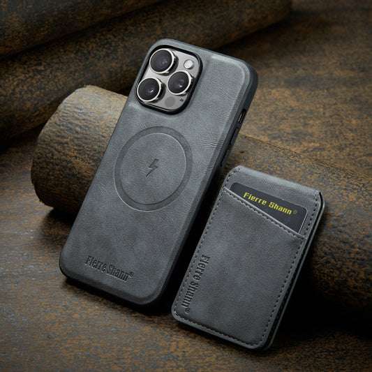 For iPhone 16 Pro Fierre Shann Cowhide Vertical Flip Magnetic Card Holder Phone Case(Grey) by FIERRE SHANN