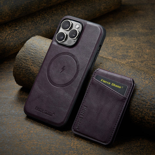 For iPhone 16 Pro Fierre Shann Cowhide Vertical Flip Magnetic Card Holder Phone Case(Purple) by FIERRE SHANN