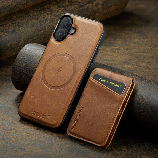 For iPhone 16 Plus Fierre Shann Cowhide Vertical Flip Magnetic Card Holder Phone Case(Brown) by FIERRE SHANN