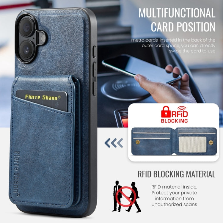 For iPhone 16 Plus Fierre Shann Cowhide Vertical Flip Magnetic Card Holder Phone Case(Blue) by FIERRE SHANN