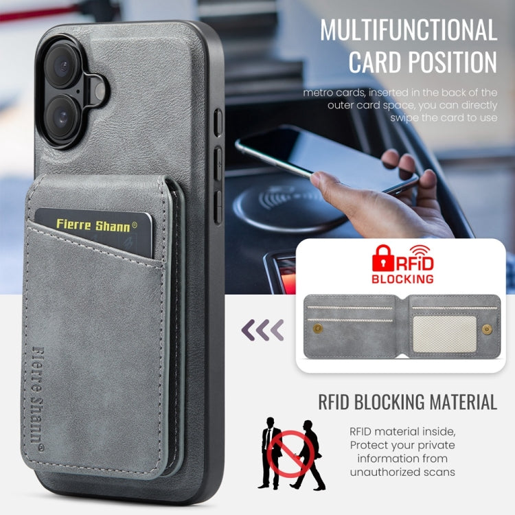 For iPhone 16 Plus Fierre Shann Cowhide Vertical Flip Magnetic Card Holder Phone Case(Grey) by FIERRE SHANN