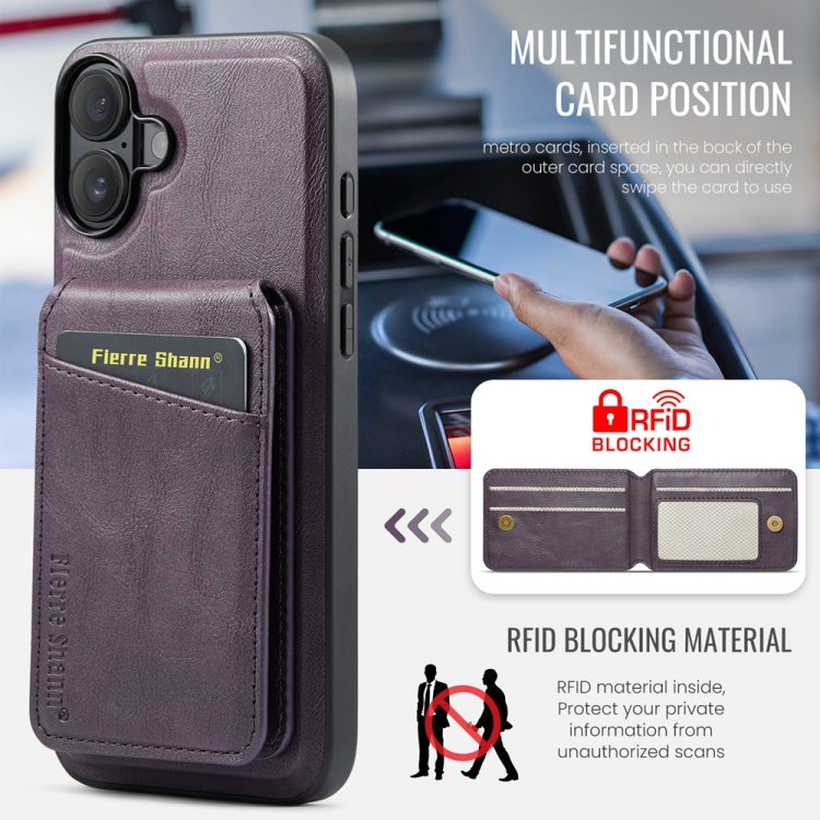 For iPhone 16 Plus Fierre Shann Cowhide Vertical Flip Magnetic Card Holder Phone Case(Purple) by FIERRE SHANN
