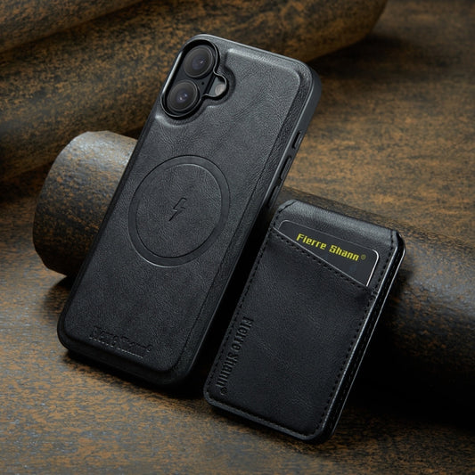 For iPhone 16 Fierre Shann Cowhide Vertical Flip Magnetic Card Holder Phone Case(Black) by FIERRE SHANN