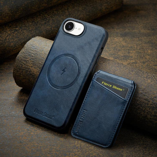 For iPhone 16e Fierre Shann Cowhide Vertical Flip Magnetic Card Holder Phone Case(Blue) - iPhone 16e Cases by FIERRE SHANN | Online Shopping UK | buy2fix