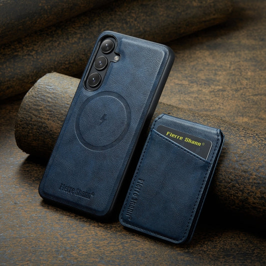 For Samsung Galaxy S24+ 5G Fierre Shann Cowhide Vertical Flip Magnetic Card Holder Phone Case(Blue) by FIERRE SHANN