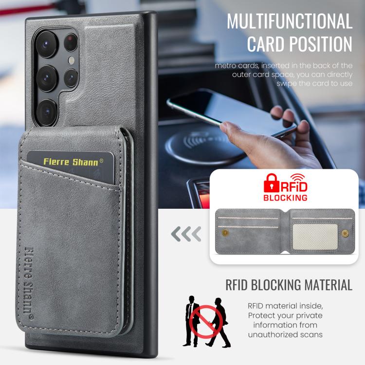 For Samsung Galaxy S25 Ultra 5G Fierre Shann Cowhide Vertical Flip Magnetic Card Holder Phone Case(Grey) - Galaxy S25 Ultra 5G Cases by FIERRE SHANN | Online Shopping UK | buy2fix
