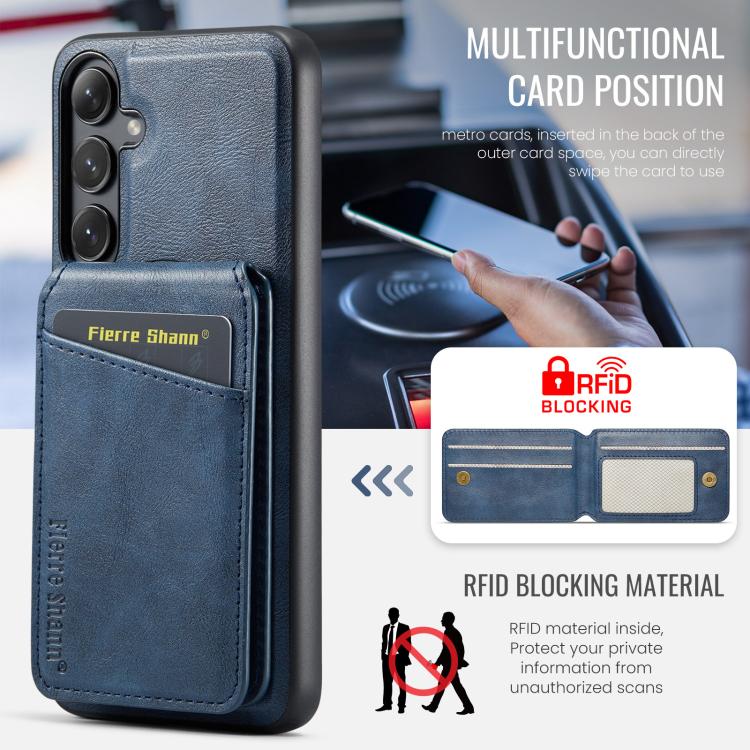 For Samsung Galaxy S24 FE 5G Fierre Shann Cowhide Vertical Flip Magnetic Card Holder Phone Case(Blue) - Galaxy S24 FE 5G Cases by FIERRE SHANN | Online Shopping UK | buy2fix