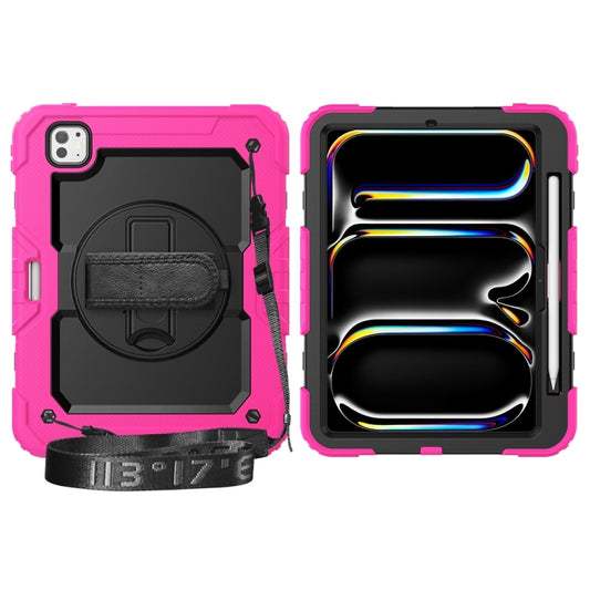 For iPad Pro 11 2025 / 2024 Lucky Wheel Grip Silicone Hybrid PC Tablet Case with Shoulder Strap(Black+Rose Red) by buy2fix