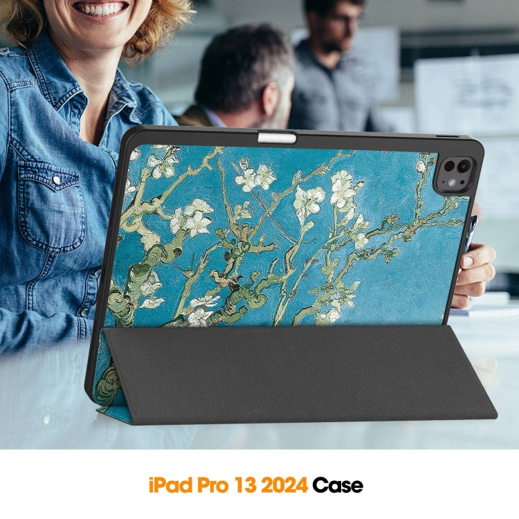 For iPad Pro 13 2025 / 2024 Custer Painted 3-Fold Holder Smart Leather Tablet Case with Pen Tray(Apricot Flower) by buy2fix