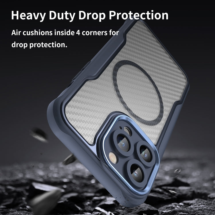 For iPhone 15 Carbon Fiber Texture MagSafe Translucent Phone Case(Blue) by buy2fix