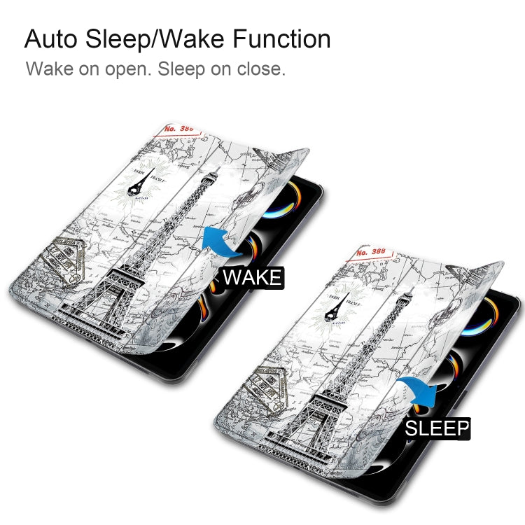 For iPad Pro 11 2025 / 2024 Custer Painted 3-Fold Holder Smart Leather Tablet Case with Pen Tray(Retro Tower) by buy2fix