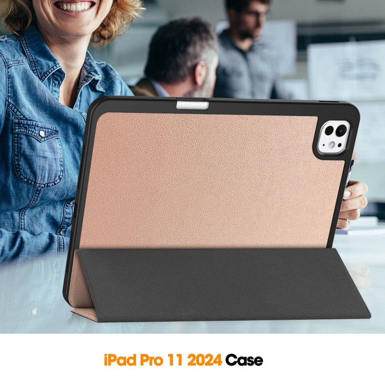 For iPad Pro 11 2025 / 2024 Custer TPU Pure Color 3-Fold Holder Smart Leather Tablet Case with Pen Tray(Rose Gold) by buy2fix