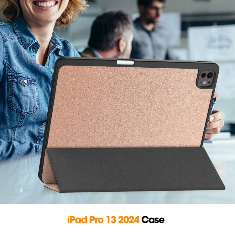 For iPad Pro 13 2025 / 2024 Custer TPU Pure Color 3-Fold Holder Smart Leather Tablet Case with Pen Tray(Rose Gold) by buy2fix
