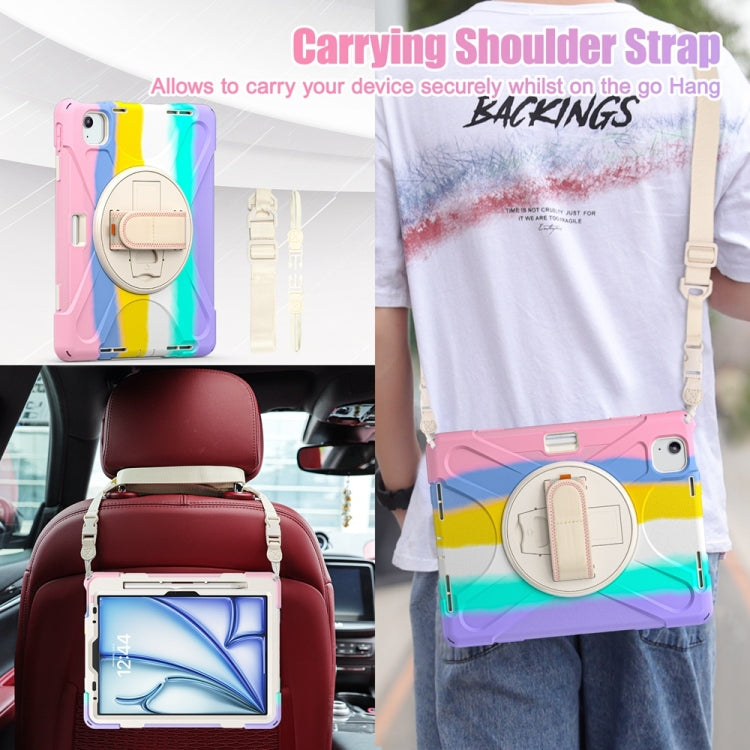 For iPad Air 11 2024 / Air 11 2025 Rotatable Holder Silicone Hybrid PC Tablet Case with Shoulder Strap(Colorful Pink) by buy2fix