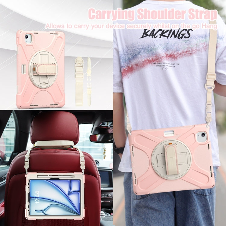 For iPad Air 11 2024 / Air 11 2025 Rotatable Holder Silicone Hybrid PC Tablet Case with Shoulder Strap(Cherry Blossom Pink) by buy2fix