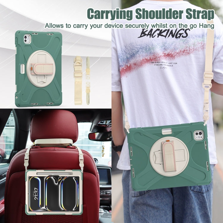 For iPad Pro 11 2025 / 2024 Rotatable Holder Silicone Hybrid PC Tablet Case with Shoulder Strap(Emreald Green) by buy2fix