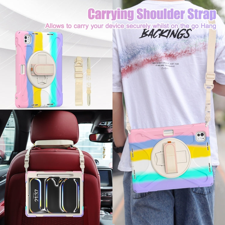 For iPad Pro 11 2025 / 2024 Rotatable Holder Silicone Hybrid PC Tablet Case with Shoulder Strap(Colorful Pink) by buy2fix
