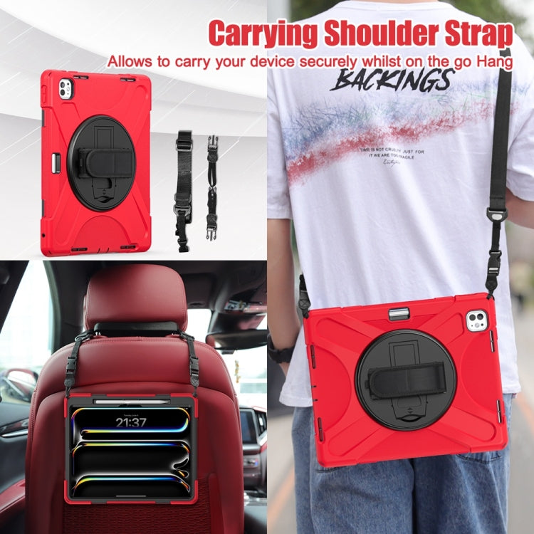 For iPad Pro 13 2025 / 2024 Rotatable Holder Silicone Hybrid PC Tablet Case with Shoulder Strap(Red) by buy2fix
