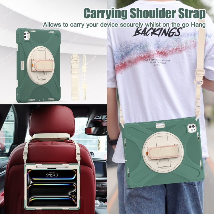 For iPad Pro 13 2025 / 2024 Rotatable Holder Silicone Hybrid PC Tablet Case with Shoulder Strap(Emreald Green) by buy2fix