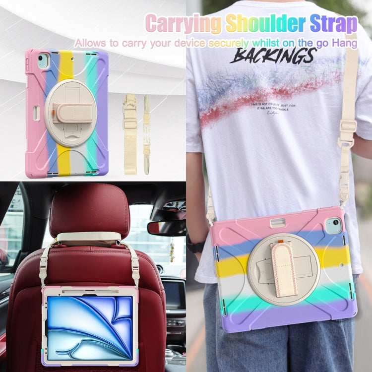 For iPad Air 13 2024 / Air 13 2025 Rotatable Holder Silicone Hybrid PC Tablet Case with Shoulder Strap(Colorful Pink) by buy2fix
