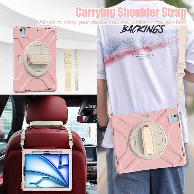 For iPad Air 13 2024 / Air 13 2025 Rotatable Holder Silicone Hybrid PC Tablet Case with Shoulder Strap(Cherry Blossom Pink) by buy2fix