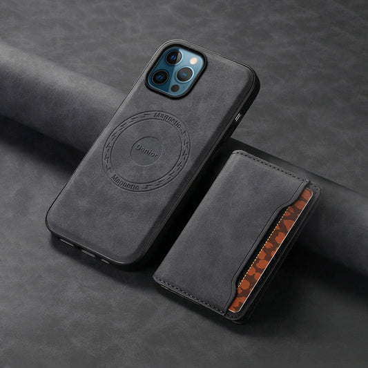 For iPhone 12 Pro Max Denior D13 Retro Texture Leather MagSafe Card Bag Phone Case(Black) by Denior