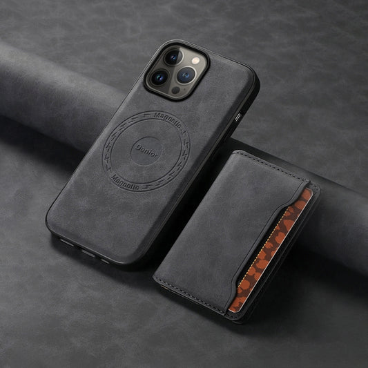 For iPhone 13 Pro Max Denior D13 Retro Texture Leather MagSafe Card Bag Phone Case(Black) by Denior