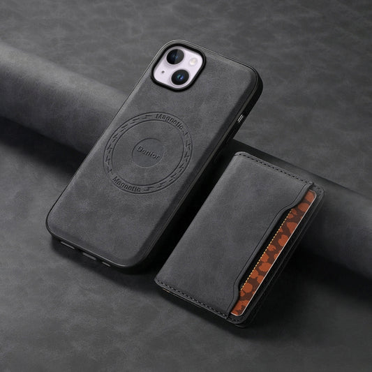 For iPhone 14 Plus Denior D13 Retro Texture Leather MagSafe Card Bag Phone Case(Black) by Denior