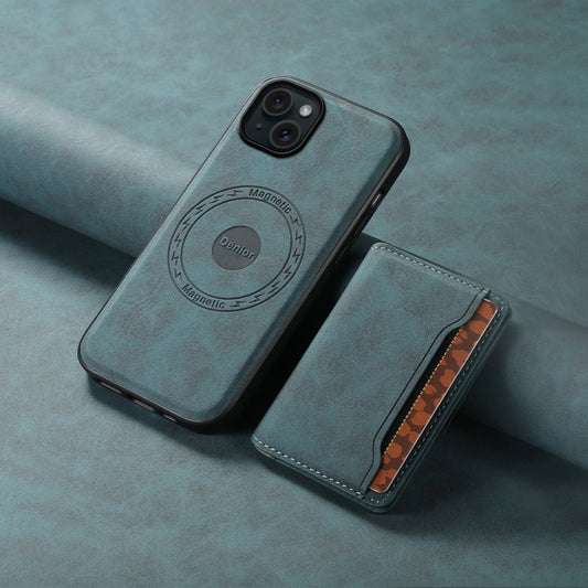 For iPhone 15 Plus Denior D13 Retro Texture Leather MagSafe Card Bag Phone Case(Blue) by Denior