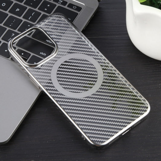 For iPhone 14 6D Plated Carbon Fiber Clear Magsafe PC Phone Case(Titanium Grey) by buy2fix