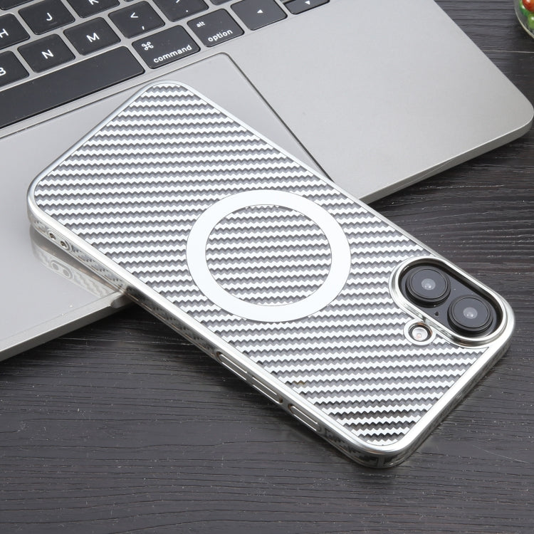 For iPhone 16 Plus 6D Plated Carbon Fiber Clear Magsafe PC Phone Case(Starlight Silver) by buy2fix