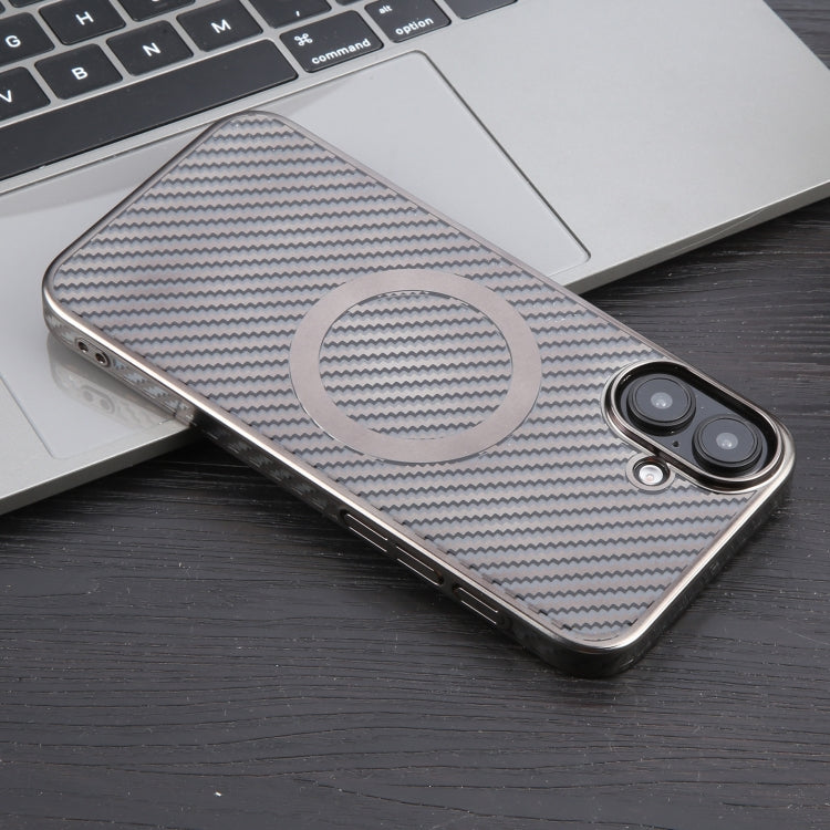 For iPhone 16 Plus 6D Plated Carbon Fiber Clear Magsafe PC Phone Case(Titanium Grey) by buy2fix