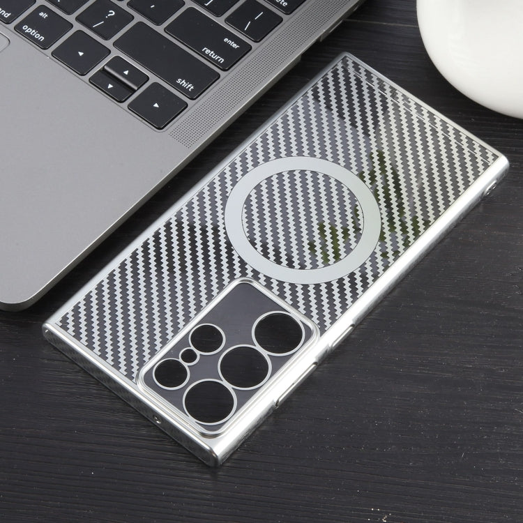 For Samsung Galaxy S23 Ultra 5G 6D Plated Carbon Fiber Clear Magsafe PC Phone Case(Starlight Silver) by buy2fix