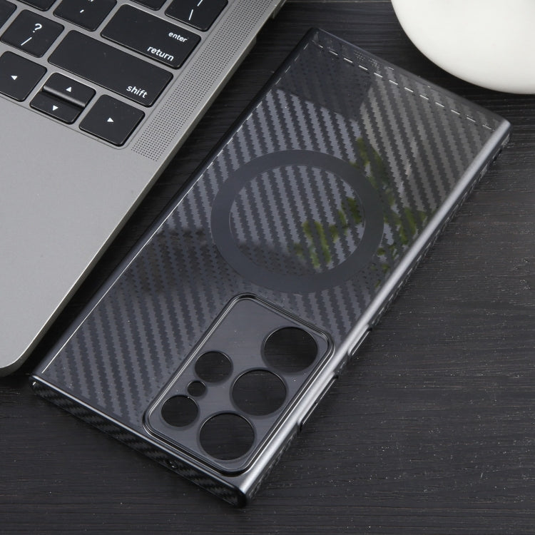 For Samsung Galaxy S22 Ultra 5G 6D Plated Carbon Fiber Clear Magsafe PC Phone Case(Starry Black) by buy2fix
