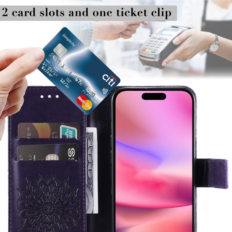 For iPhone 16 Embossed Sunflower Pattern Flip Leather Phone Case(Purple) by buy2fix