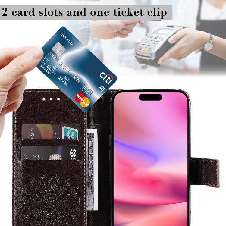 For iPhone 16 Embossed Sunflower Pattern Flip Leather Phone Case(Brown) by buy2fix