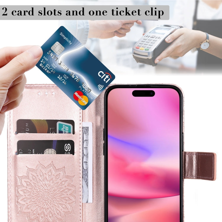 For iPhone 16 Embossed Sunflower Pattern Flip Leather Phone Case(Rose Gold) by buy2fix