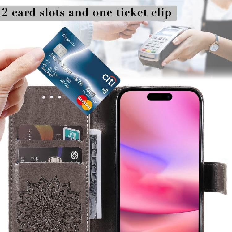 For iPhone 16 Embossed Sunflower Pattern Flip Leather Phone Case(Grey) by buy2fix