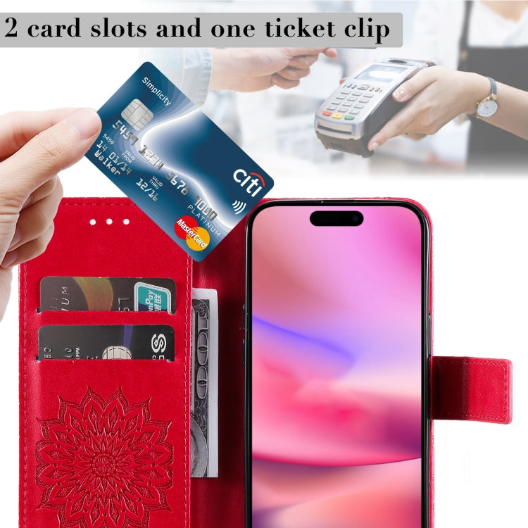 For iPhone 16 Embossed Sunflower Pattern Flip Leather Phone Case(Red) by buy2fix