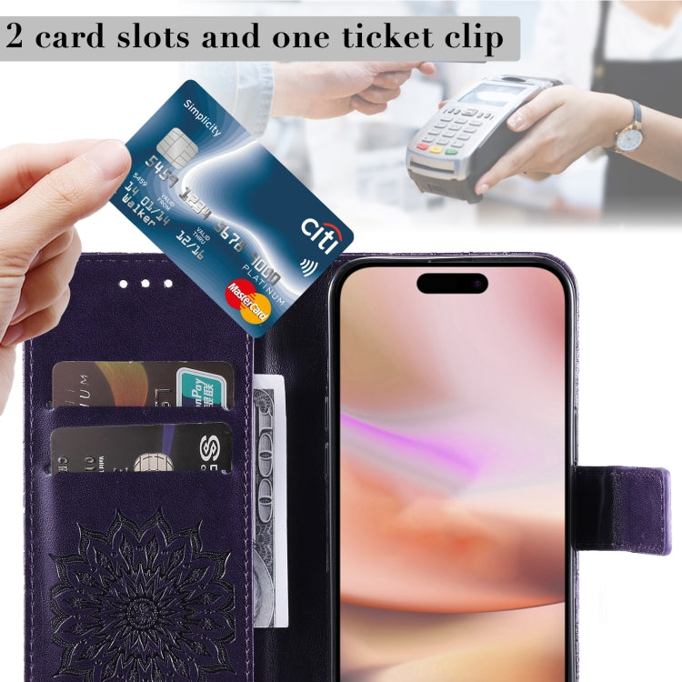 For iPhone 16 Plus Embossed Sunflower Pattern Flip Leather Phone Case(Purple) by buy2fix