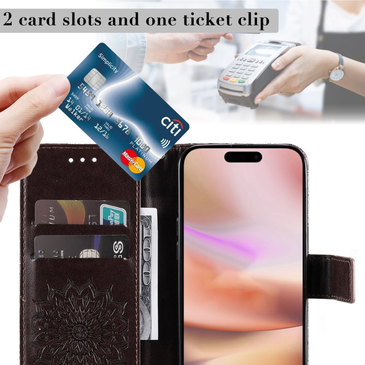 For iPhone 16 Plus Embossed Sunflower Pattern Flip Leather Phone Case(Brown) by buy2fix