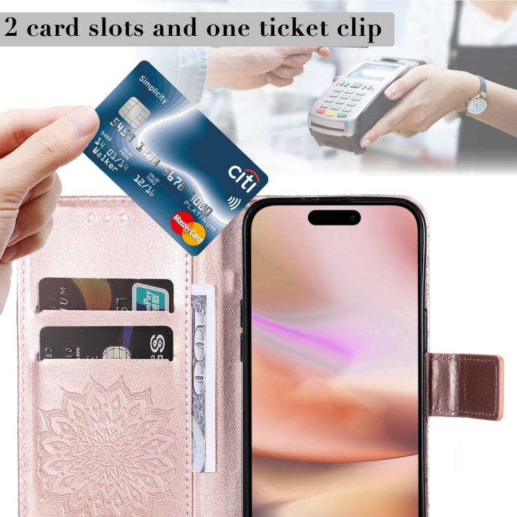 For iPhone 16 Plus Embossed Sunflower Pattern Flip Leather Phone Case(Rose Gold) by buy2fix
