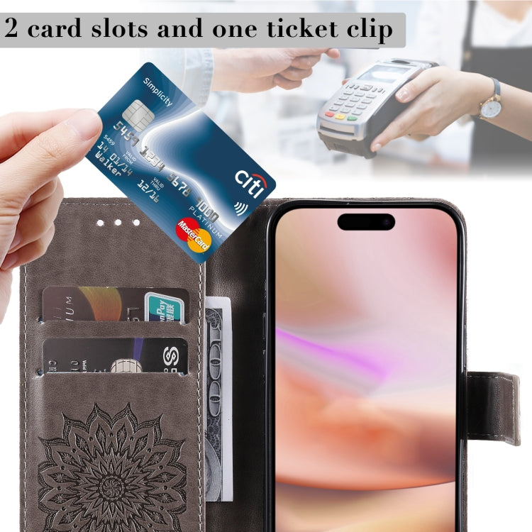 For iPhone 16 Plus Embossed Sunflower Pattern Flip Leather Phone Case(Grey) by buy2fix