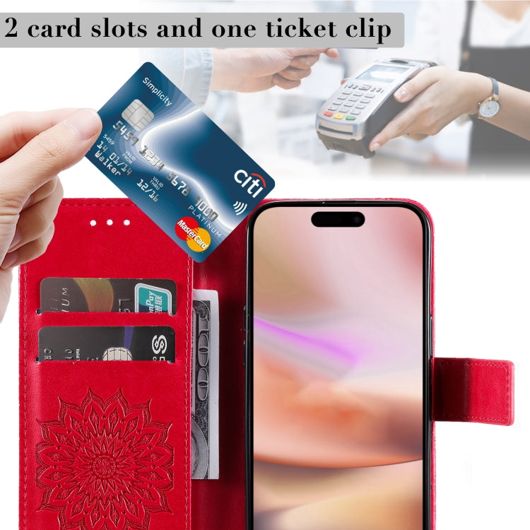 For iPhone 16 Plus Embossed Sunflower Pattern Flip Leather Phone Case(Red) by buy2fix