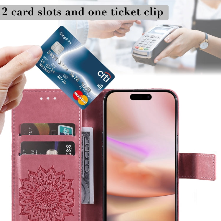 For iPhone 16 Plus Embossed Sunflower Pattern Flip Leather Phone Case(Pink) by buy2fix