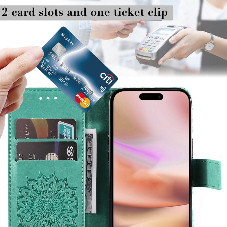 For iPhone 16 Plus Embossed Sunflower Pattern Flip Leather Phone Case(Green) by buy2fix