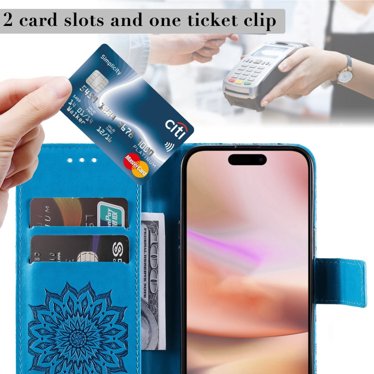 For iPhone 16 Plus Embossed Sunflower Pattern Flip Leather Phone Case(Blue) by buy2fix