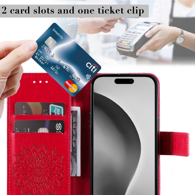 For iPhone 16 Pro Max Embossed Sunflower Pattern Flip Leather Phone Case(Red) by buy2fix